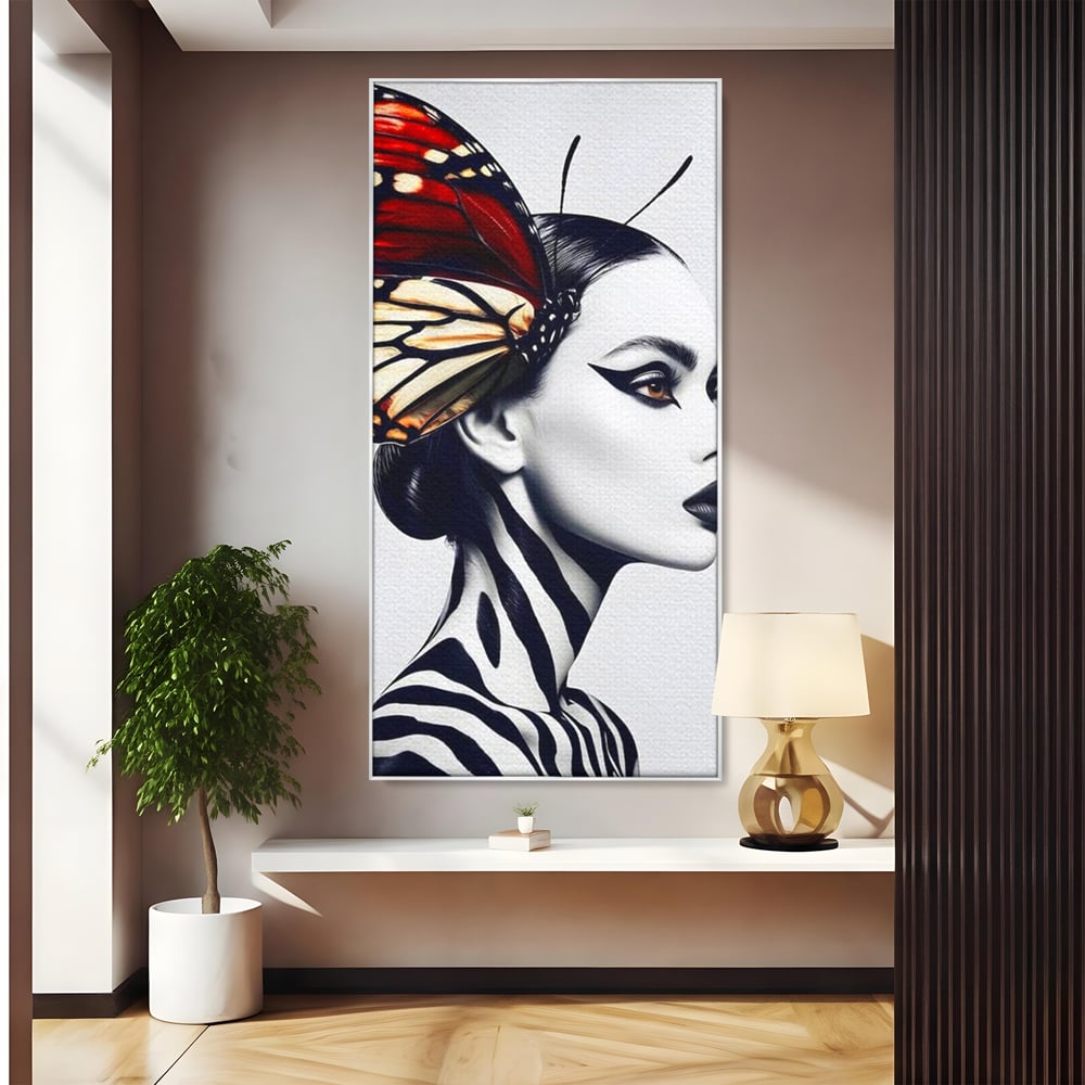 Tablou canvas cu tablou canvas cu femeie si aripa de fluture, in rama de aluminiu argintiu